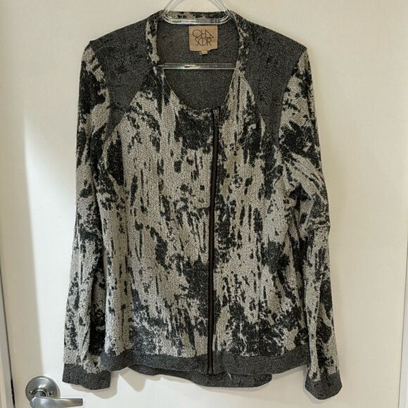 CHASER Teardrop gray white textured zip sweater moto jacket large - Picture 1 of 9